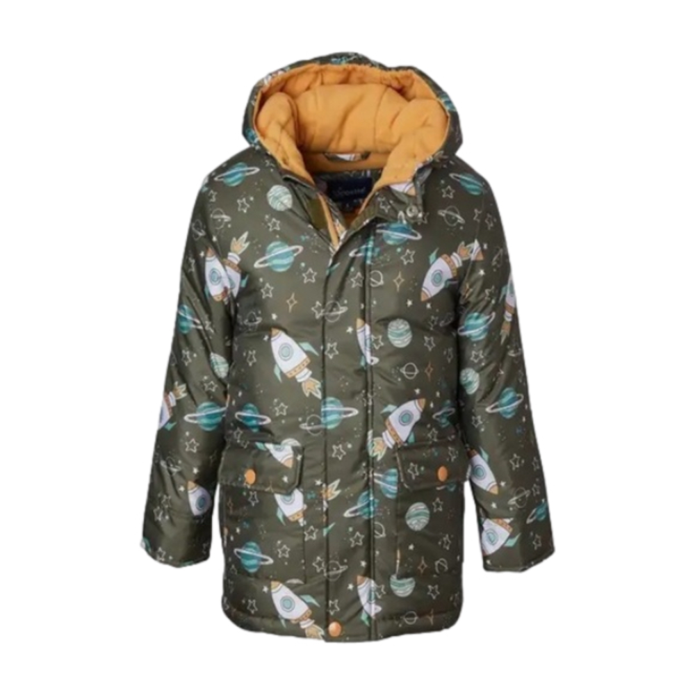 Wippette New Baby Size 12M Rocket Print Fleece Lined Puffer Jacket Olive Green